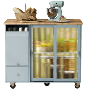 HomeRoots 44" Light Blue Wood Barn Door Kitchen Island - Expandable Prep Station with Storage & Locking Casters 654060