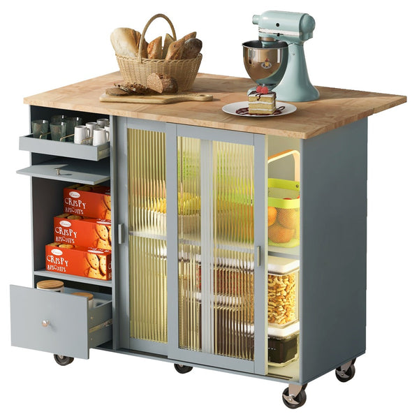 HomeRoots 44" Light Blue Wood Barn Door Kitchen Island - Expandable Prep Station with Storage & Locking Casters 654060