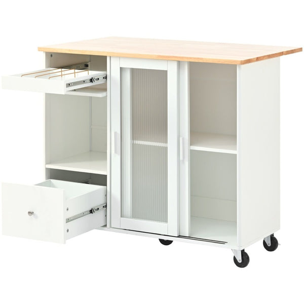 HomeRoots 44" White Wood Barn Door Kitchen Island - Mobile Storage & Expandable Workspace for Small Spaces 654061