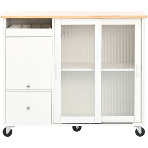 HomeRoots 44" White Wood Barn Door Kitchen Island - Mobile Storage & Expandable Workspace for Small Spaces 654061