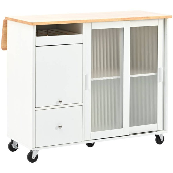HomeRoots 44" White Wood Barn Door Kitchen Island - Mobile Storage & Expandable Workspace for Small Spaces 654061