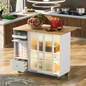 HomeRoots 44" White Wood Barn Door Kitchen Island - Mobile Storage & Expandable Workspace for Small Spaces 654061