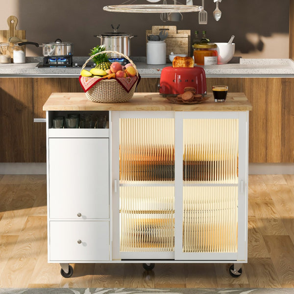 HomeRoots 44" White Wood Barn Door Kitchen Island - Mobile Storage & Expandable Workspace for Small Spaces 654061