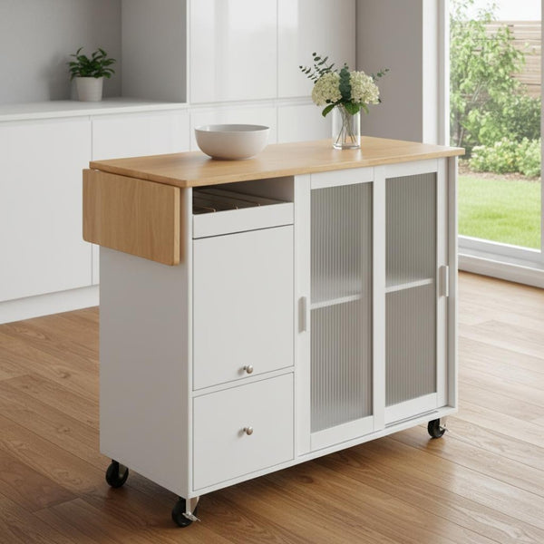 HomeRoots 44" White Wood Barn Door Kitchen Island - Mobile Storage & Expandable Workspace for Small Spaces 654061