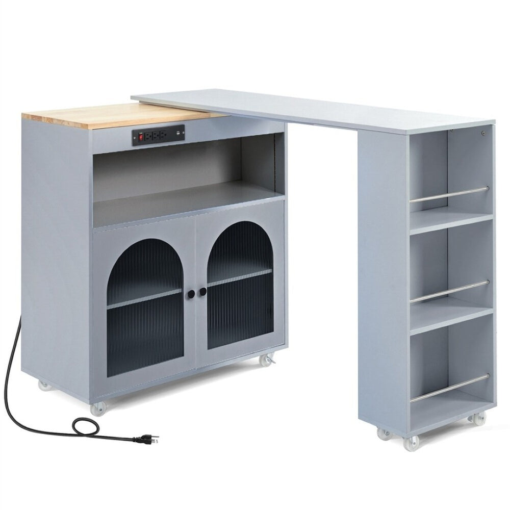 HomeRoots 33" Gray Wood Barn Door Rolling Kitchen Island with USB Ports, Storage & Expandable Prep Space 654062