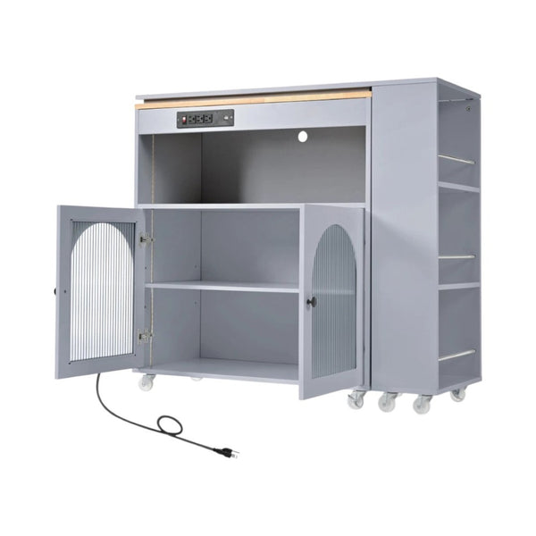HomeRoots 33" Gray Wood Barn Door Rolling Kitchen Island with USB Ports, Storage & Expandable Prep Space 654062