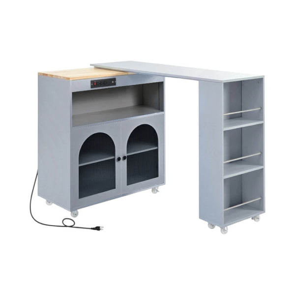 HomeRoots 33" Gray Wood Barn Door Rolling Kitchen Island with USB Ports, Storage & Expandable Prep Space 654062
