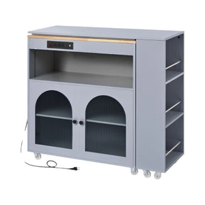 HomeRoots 33" Gray Wood Barn Door Rolling Kitchen Island with USB Ports, Storage & Expandable Prep Space 654062