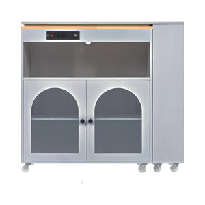 HomeRoots 33" Gray Wood Barn Door Rolling Kitchen Island with USB Ports, Storage & Expandable Prep Space 654062