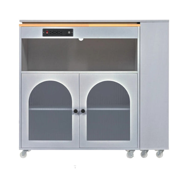 HomeRoots 33" Gray Wood Barn Door Rolling Kitchen Island with USB Ports, Storage & Expandable Prep Space 654062