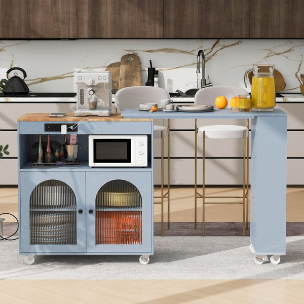 HomeRoots 33" Gray Wood Barn Door Rolling Kitchen Island with USB Ports, Storage & Expandable Prep Space 654062