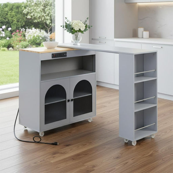 HomeRoots 33" Gray Wood Barn Door Rolling Kitchen Island with USB Ports, Storage & Expandable Prep Space 654062