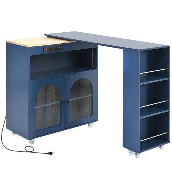 HomeRoots 33" Navy Blue Wood Barn Door Rolling Kitchen Island - Multi-Functional Storage & USB Charging Hub 654063