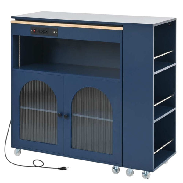 HomeRoots 33" Navy Blue Wood Barn Door Rolling Kitchen Island - Multi-Functional Storage & USB Charging Hub 654063