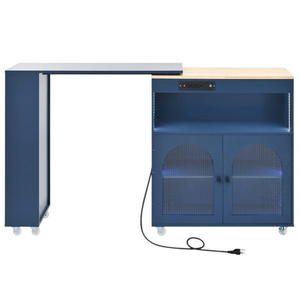 HomeRoots 33" Navy Blue Wood Barn Door Rolling Kitchen Island - Multi-Functional Storage & USB Charging Hub 654063