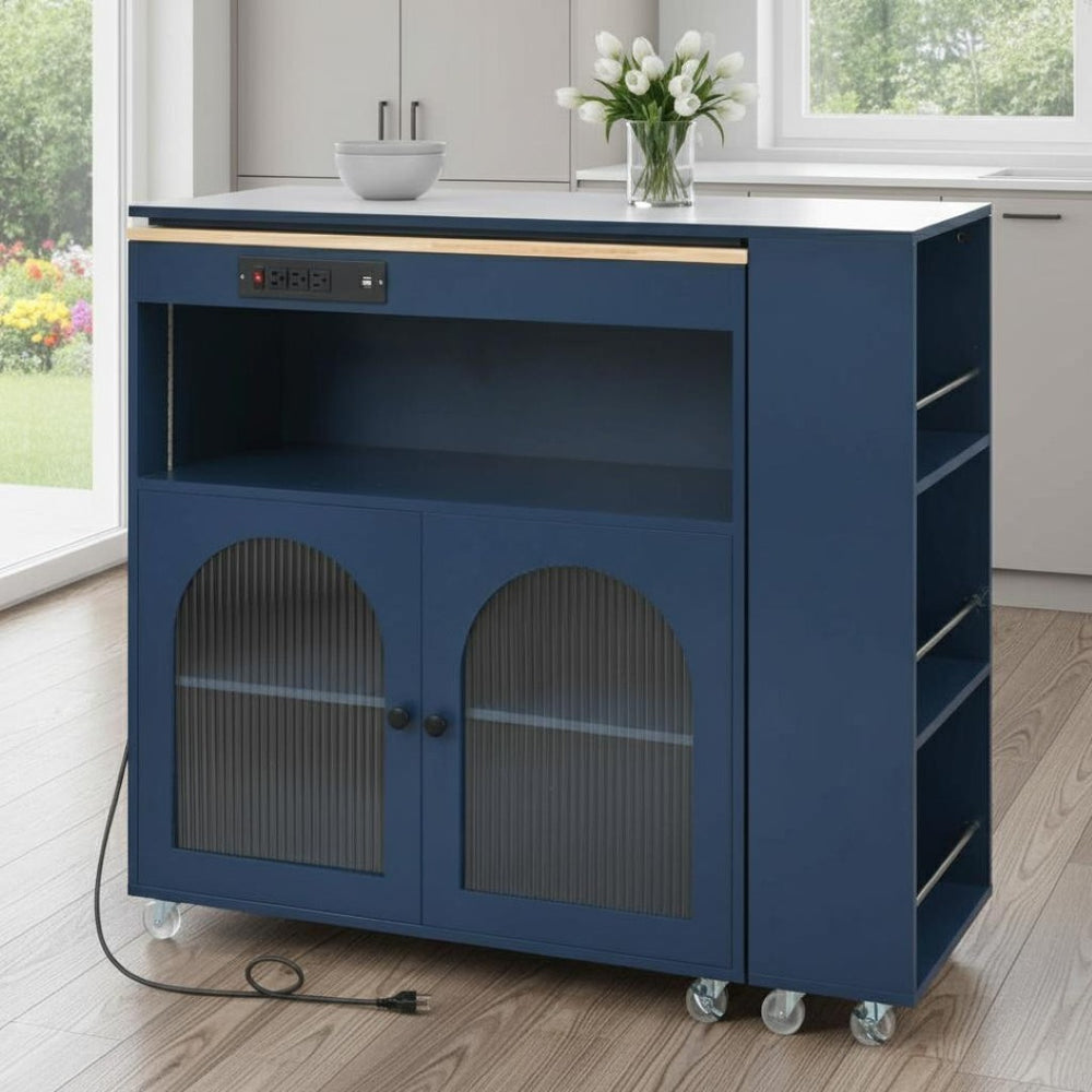 HomeRoots 33" Navy Blue Wood Barn Door Rolling Kitchen Island - Multi-Functional Storage & USB Charging Hub 654063