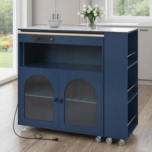 HomeRoots 33" Navy Blue Wood Barn Door Rolling Kitchen Island - Multi-Functional Storage & USB Charging Hub 654063