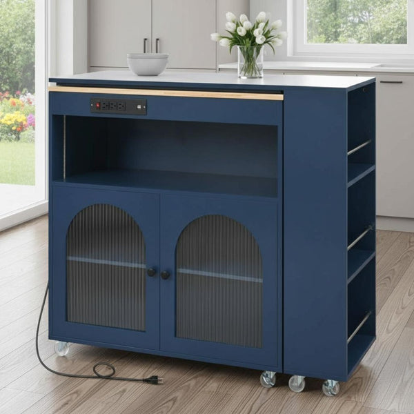 HomeRoots 33" Navy Blue Wood Barn Door Rolling Kitchen Island - Multi-Functional Storage & USB Charging Hub 654063