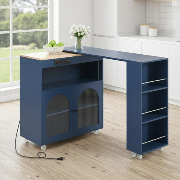 HomeRoots 33" Navy Blue Wood Barn Door Rolling Kitchen Island - Multi-Functional Storage & USB Charging Hub 654063