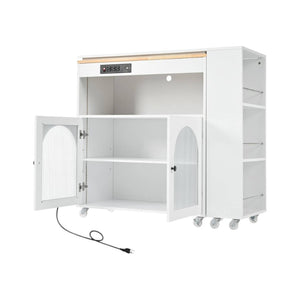 HomeRoots 33" Rolling White Wood Barn Door Kitchen Island with Storage, USB Ports & Farmhouse Charm 654064