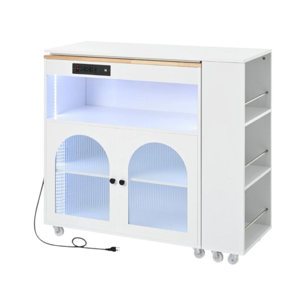 HomeRoots 33" Rolling White Wood Barn Door Kitchen Island with Storage, USB Ports & Farmhouse Charm 654064