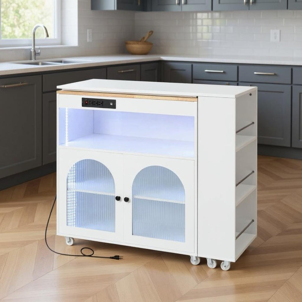 HomeRoots 33" Rolling White Wood Barn Door Kitchen Island with Storage, USB Ports & Farmhouse Charm 654064