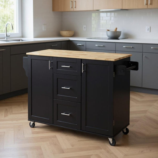 HomeRoots 50" Black Wood Barn Door Rolling Kitchen Island - Stylish, Multi-Functional Storage & Prep Space 654065