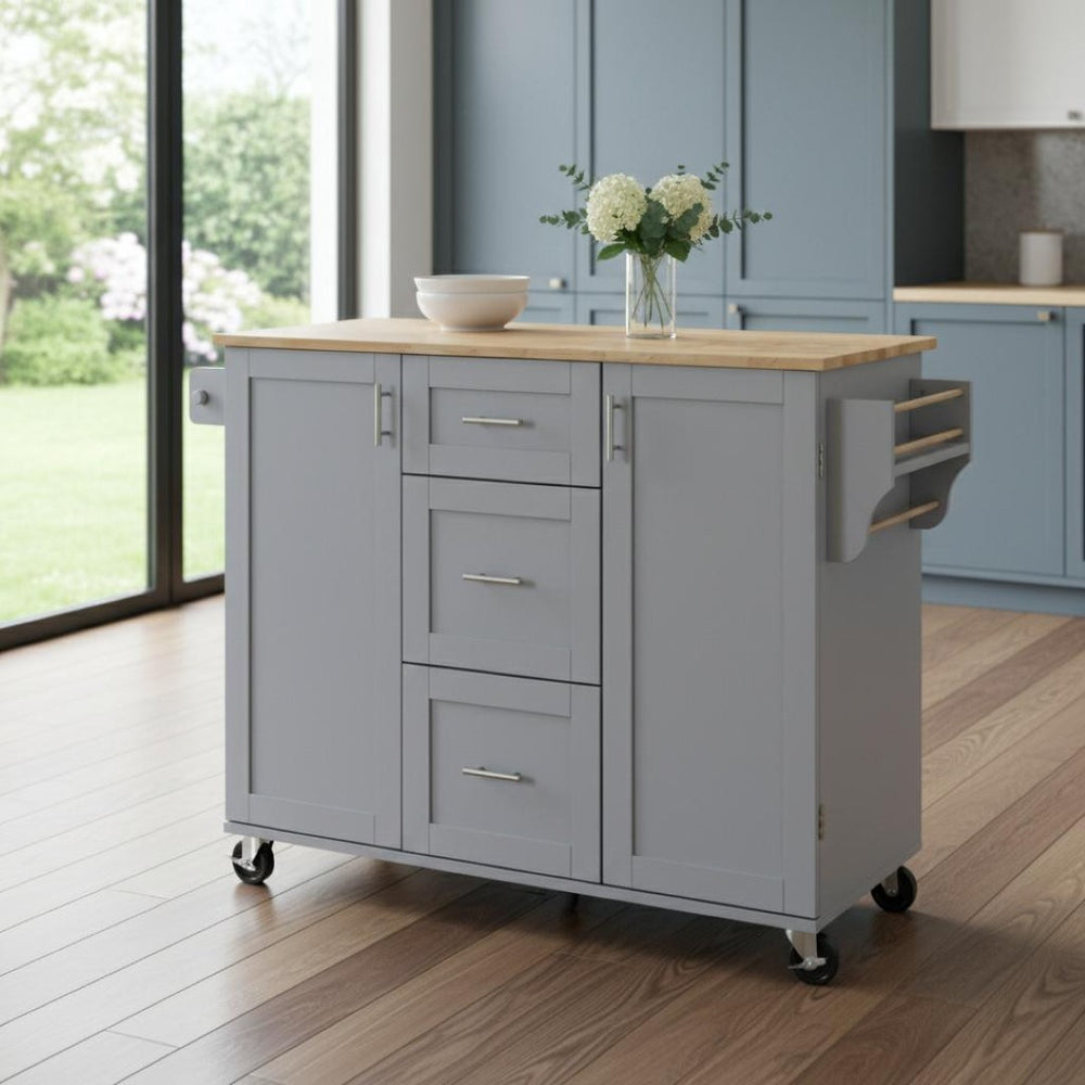 HomeRoots 50" Gray Wood Barn Door Rolling Kitchen Island - Versatile Farmhouse Style with Expandable Workspace! 654066