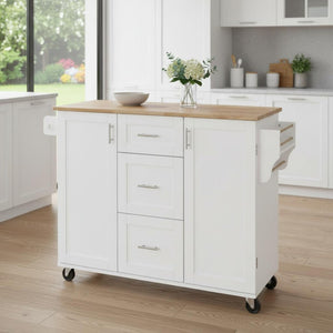 HomeRoots 50" White Wood Barn Door Rolling Kitchen Island - Versatile Prep Space with Rustic Charm & Mobility 654067