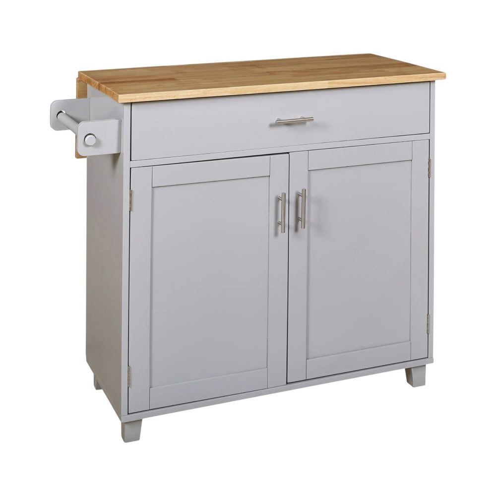 HomeRoots 39" Gray Wood Barn Door Rolling Kitchen Island with Expandable Surface & Rustic Storage Charm 654068