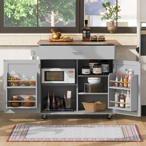 HomeRoots 39" Gray Wood Barn Door Rolling Kitchen Island with Expandable Surface & Rustic Storage Charm 654068