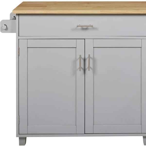 HomeRoots 39" Gray Wood Barn Door Rolling Kitchen Island with Expandable Surface & Rustic Storage Charm 654068