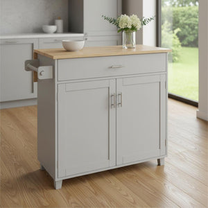 HomeRoots 39" Gray Wood Barn Door Rolling Kitchen Island with Expandable Surface & Rustic Storage Charm 654068
