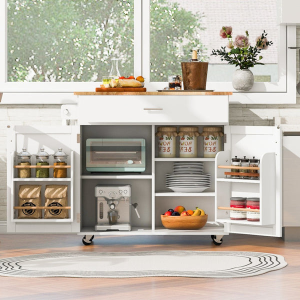 HomeRoots 39" White Wood Barn Door Rolling Kitchen Island - Rustic Mobile Prep Station with Ample Storage Space 654069