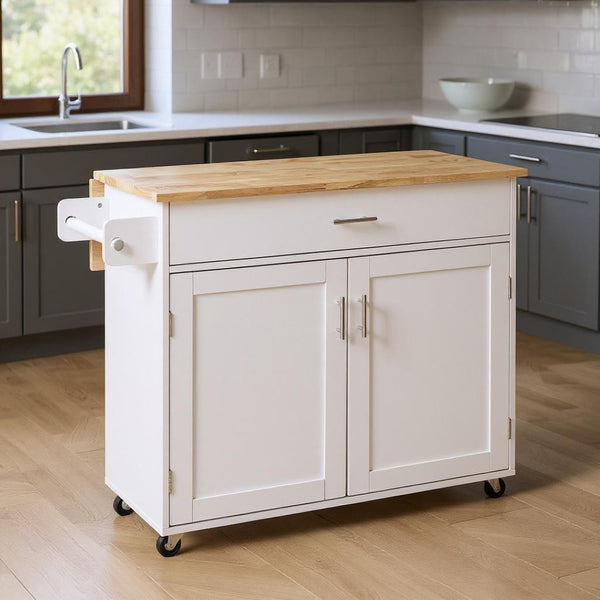 HomeRoots 39" White Wood Barn Door Rolling Kitchen Island - Rustic Mobile Prep Station with Ample Storage Space 654069