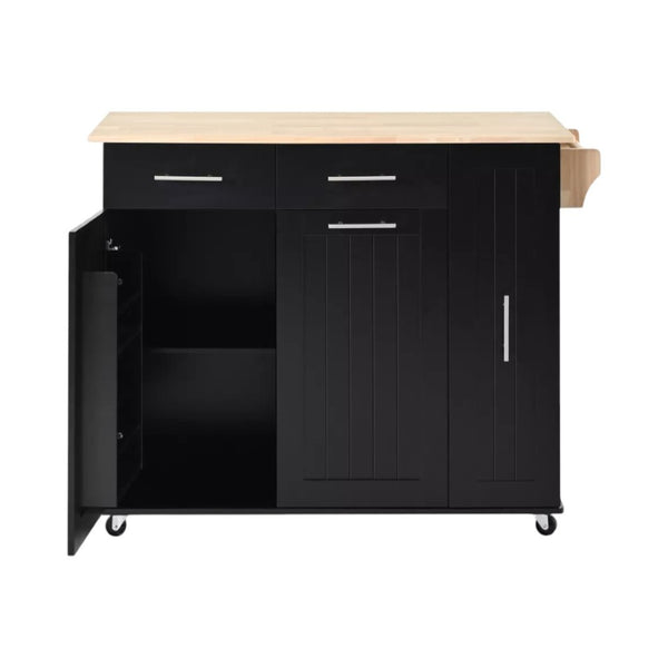 HomeRoots 46" Black Wood Barn Door Rolling Kitchen Island with Expandable Surface & Ample Storage Solutions 654070