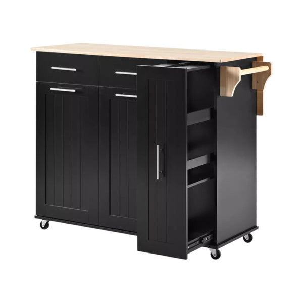 HomeRoots 46" Black Wood Barn Door Rolling Kitchen Island with Expandable Surface & Ample Storage Solutions 654070