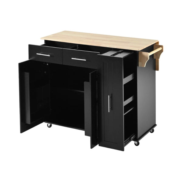 HomeRoots 46" Black Wood Barn Door Rolling Kitchen Island with Expandable Surface & Ample Storage Solutions 654070