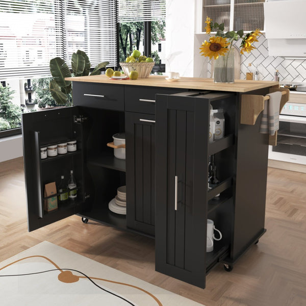 HomeRoots 46" Black Wood Barn Door Rolling Kitchen Island with Expandable Surface & Ample Storage Solutions 654070