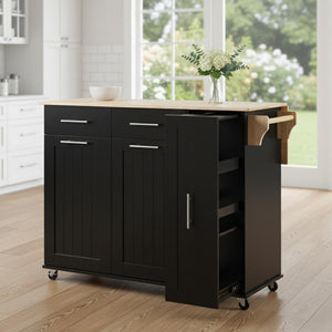 HomeRoots 46" Black Wood Barn Door Rolling Kitchen Island with Expandable Surface & Ample Storage Solutions 654070