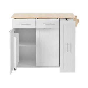 HomeRoots 46" White Wood Barn Door Rolling Kitchen Island with Drop-Leaf, Storage & Farmhouse Charm 654071