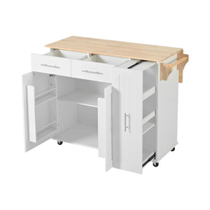 HomeRoots 46" White Wood Barn Door Rolling Kitchen Island with Drop-Leaf, Storage & Farmhouse Charm 654071