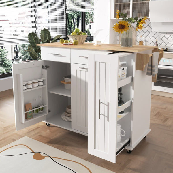 HomeRoots 46" White Wood Barn Door Rolling Kitchen Island with Drop-Leaf, Storage & Farmhouse Charm 654071