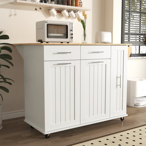 HomeRoots 46" White Wood Barn Door Rolling Kitchen Island with Drop-Leaf, Storage & Farmhouse Charm 654071