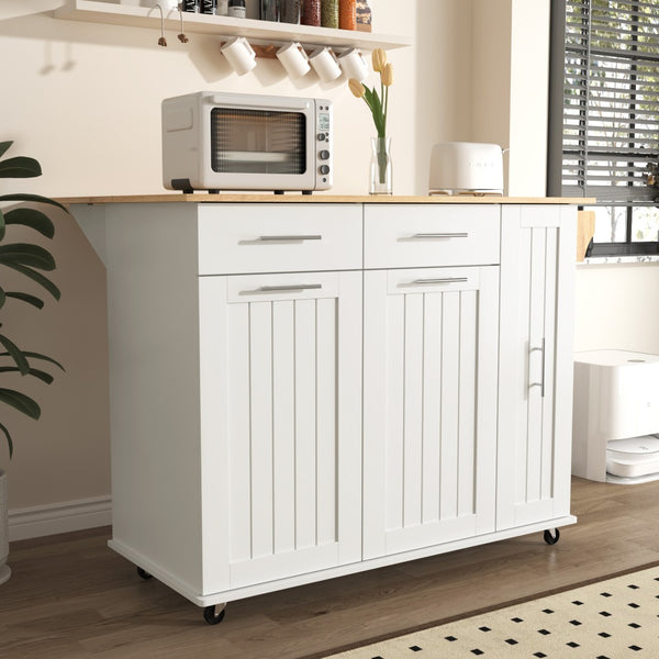 HomeRoots 46" White Wood Barn Door Rolling Kitchen Island with Drop-Leaf, Storage & Farmhouse Charm 654071