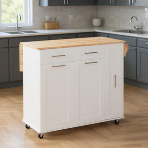 HomeRoots 46" White Wood Barn Door Rolling Kitchen Island with Drop-Leaf, Storage & Farmhouse Charm 654071
