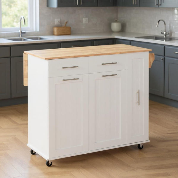 HomeRoots 46" White Wood Barn Door Rolling Kitchen Island with Drop-Leaf, Storage & Farmhouse Charm 654071