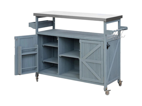 HomeRoots 50" Light Blue Wood Barn Door Rolling Kitchen Island with Storage - Rustic Charm & Versatile Design 654072