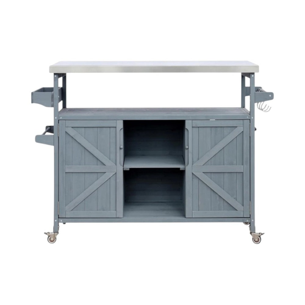 HomeRoots 50" Light Blue Wood Barn Door Rolling Kitchen Island with Storage - Rustic Charm & Versatile Design 654072