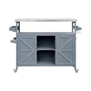 HomeRoots 50" Light Blue Wood Barn Door Rolling Kitchen Island with Storage - Rustic Charm & Versatile Design 654072